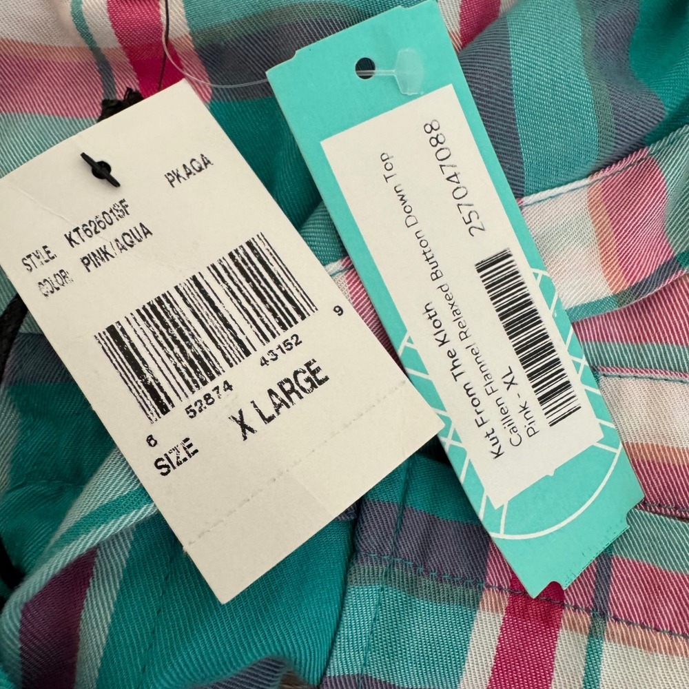 Kut from the Kloth Caillen Flannel Relaxed Button Down Top Pink Aqua Plaid XL - Picture 8 of 14